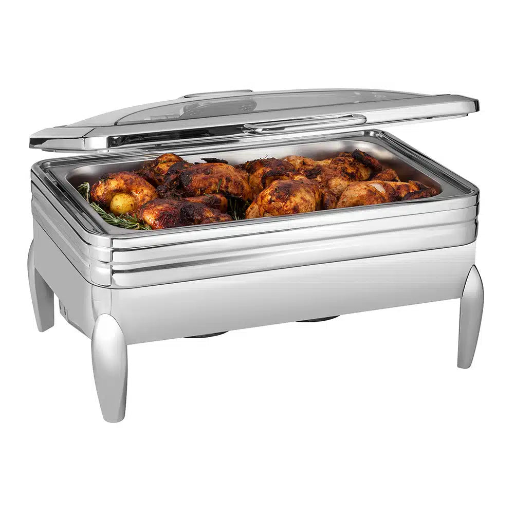 De Luxe Rectangle Stainless Steel Chafing Dish with Glass Lid, Frame, Burner Holder & Induction Option