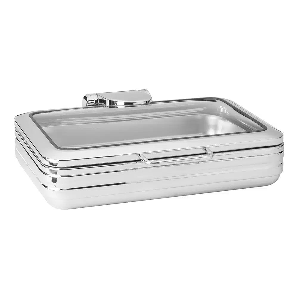 De Luxe Rectangle Stainless Steel Chafing Dish with Glass Lid, Frame, Burner Holder & Induction Option