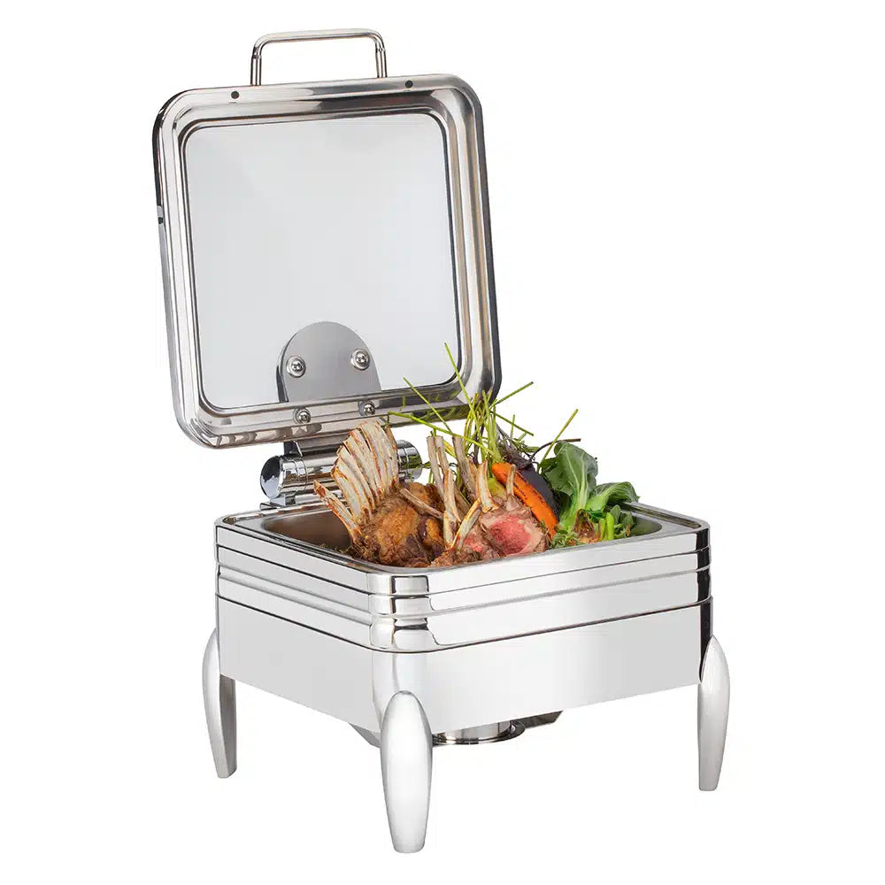 De Luxe Square Stainless Steel Chafing Dish with Glass Lid, Frame, Burner Holder & Induction Option